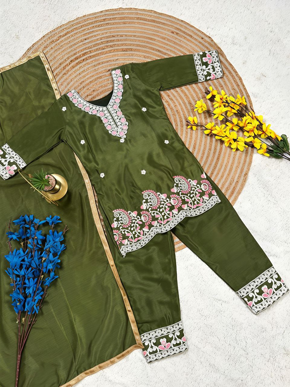 Aarunika Chinon Silk Sequins Embroidered Palazzo Suit with Net Dupatta