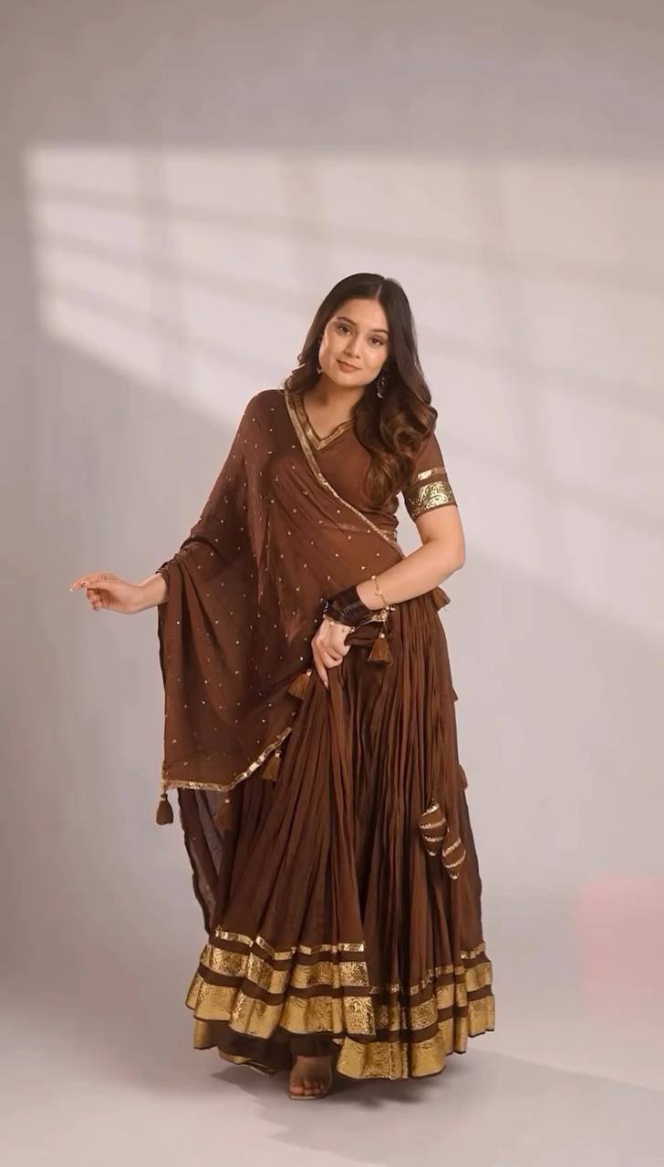 Sitara Navratri Mul Chanderi Gotta Patti Lehenga Choli with 6 Meter Flair, Sequin Embroidered Dupatta & Heavy Latkan