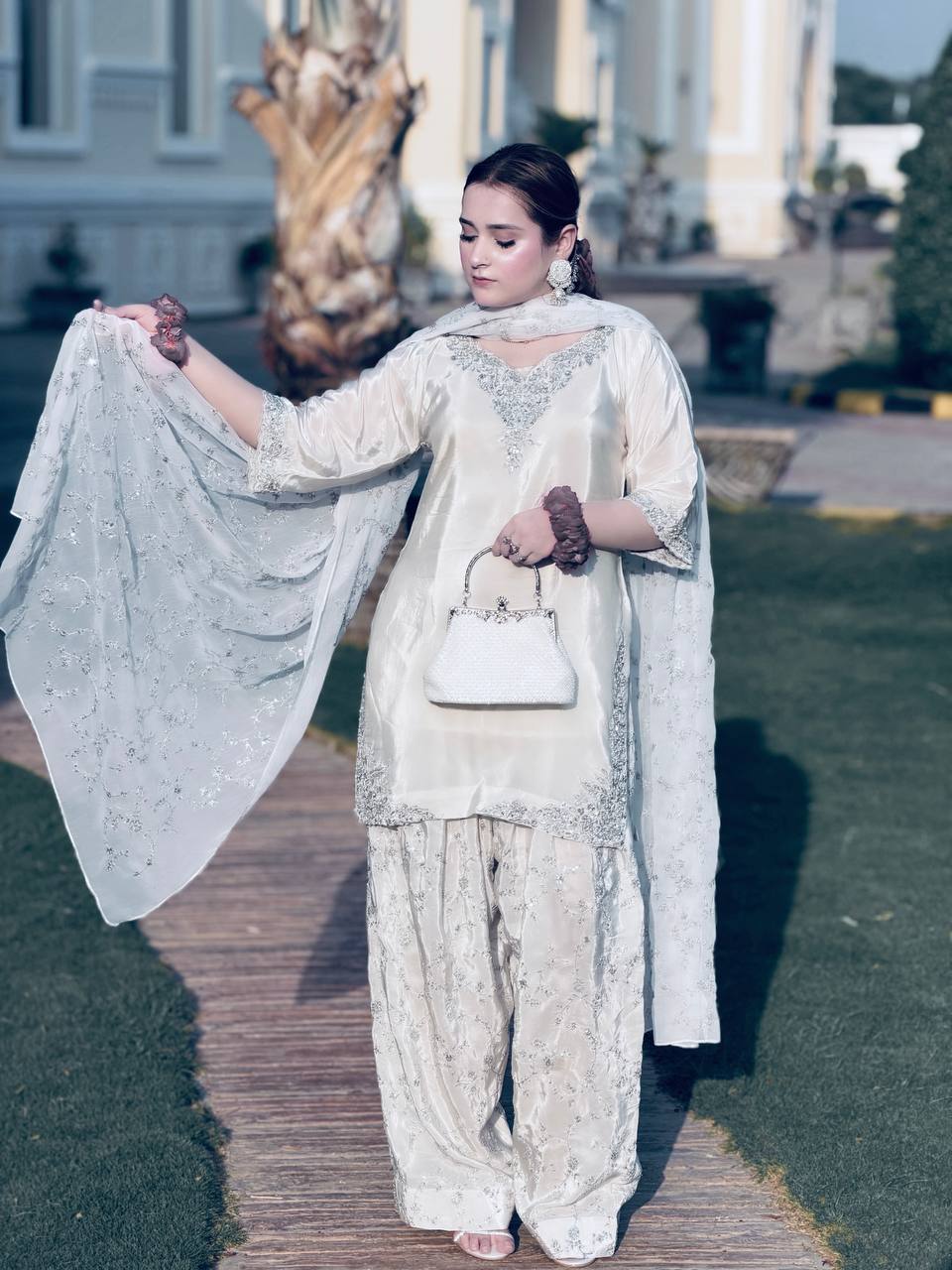 Ruhani Natural Crepe Embroidered Farshi Palazzo Suit with Dupatta