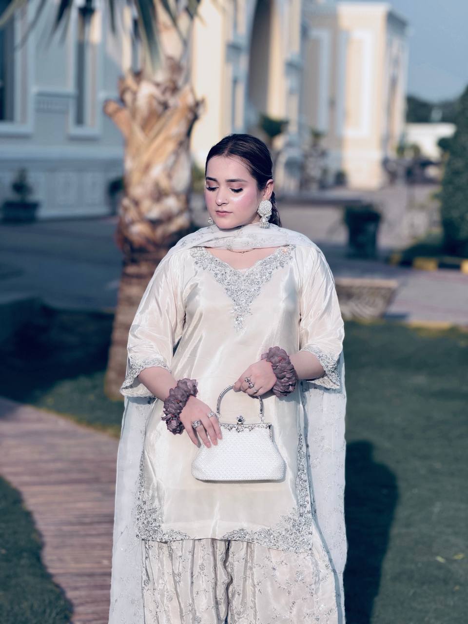 Ruhani Natural Crepe Embroidered Farshi Palazzo Suit with Dupatta