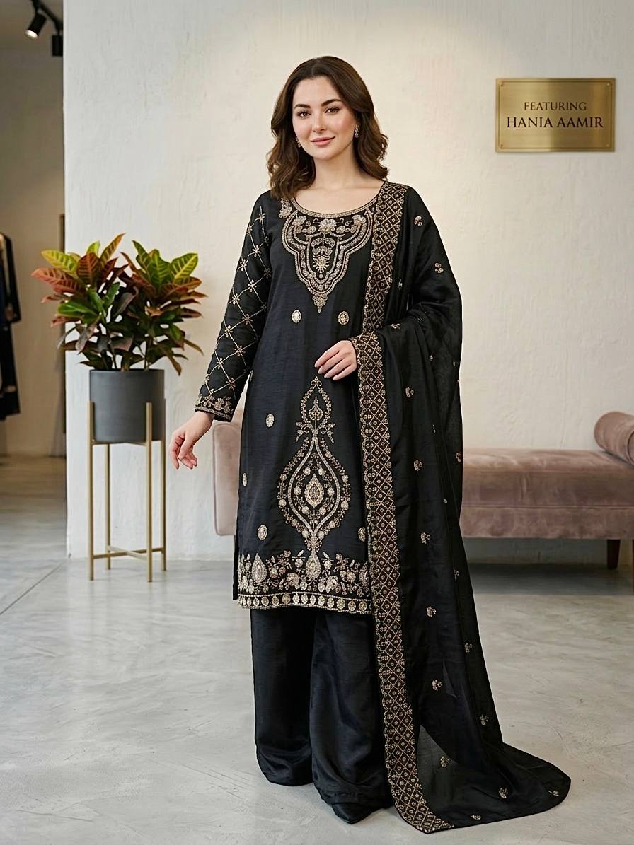 Premium Choo Silk Embroidered Palazzo Set with Cutwork Dupatta