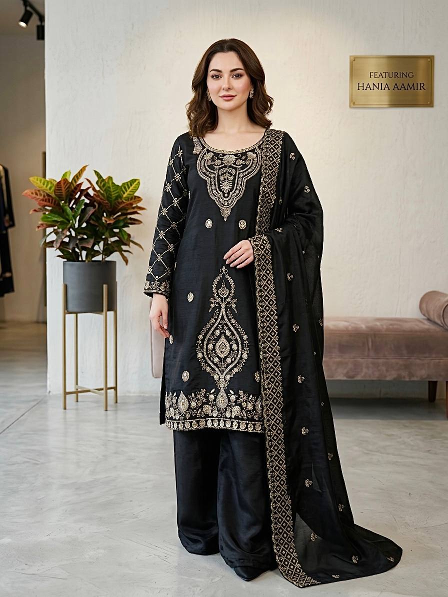 Premium Choo Silk Embroidered Palazzo Set with Cutwork Dupatta