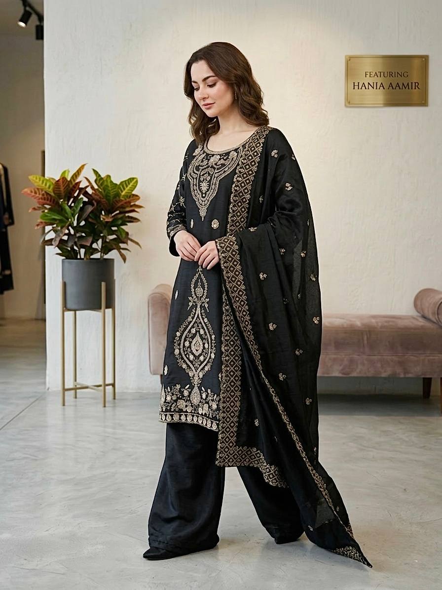Premium Choo Silk Embroidered Palazzo Set with Cutwork Dupatta