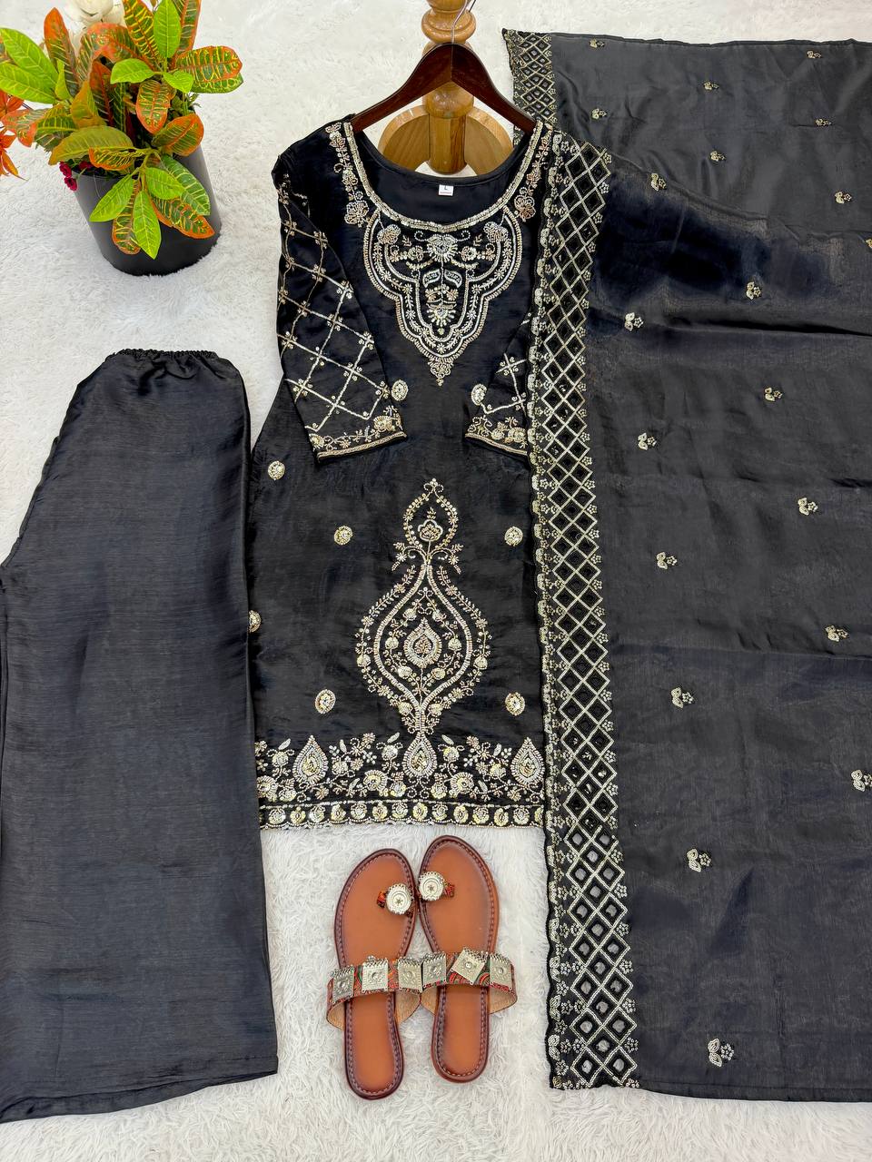 Premium Choo Silk Embroidered Palazzo Set with Cutwork Dupatta