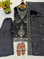 Premium Choo Silk Embroidered Palazzo Set with Cutwork Dupatta