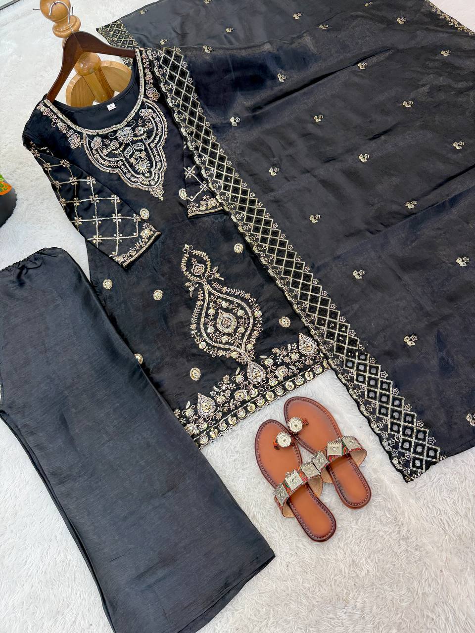 Premium Choo Silk Embroidered Palazzo Set with Cutwork Dupatta