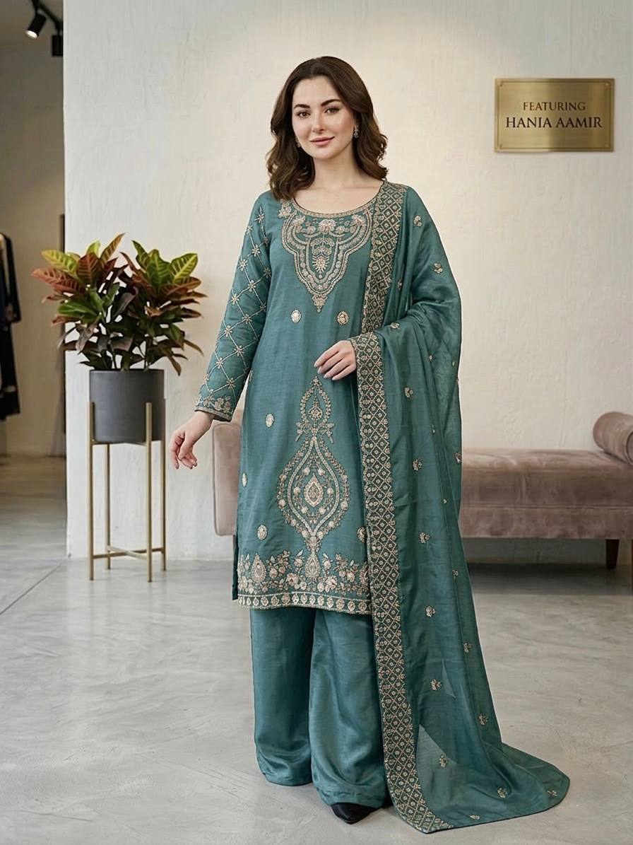 Premium Choo Silk Embroidered Palazzo Set with Cutwork Dupatta