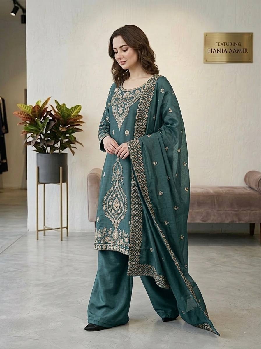 Premium Choo Silk Embroidered Palazzo Set with Cutwork Dupatta