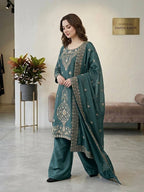 Premium Choo Silk Embroidered Palazzo Set with Cutwork Dupatta