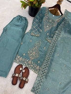 Premium Choo Silk Embroidered Palazzo Set with Cutwork Dupatta