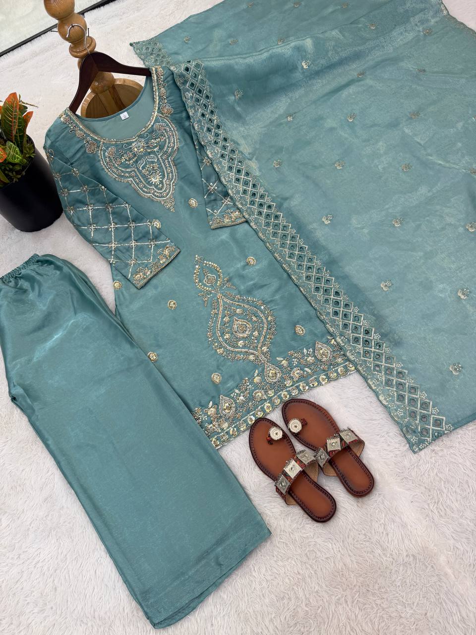 Premium Choo Silk Embroidered Palazzo Set with Cutwork Dupatta
