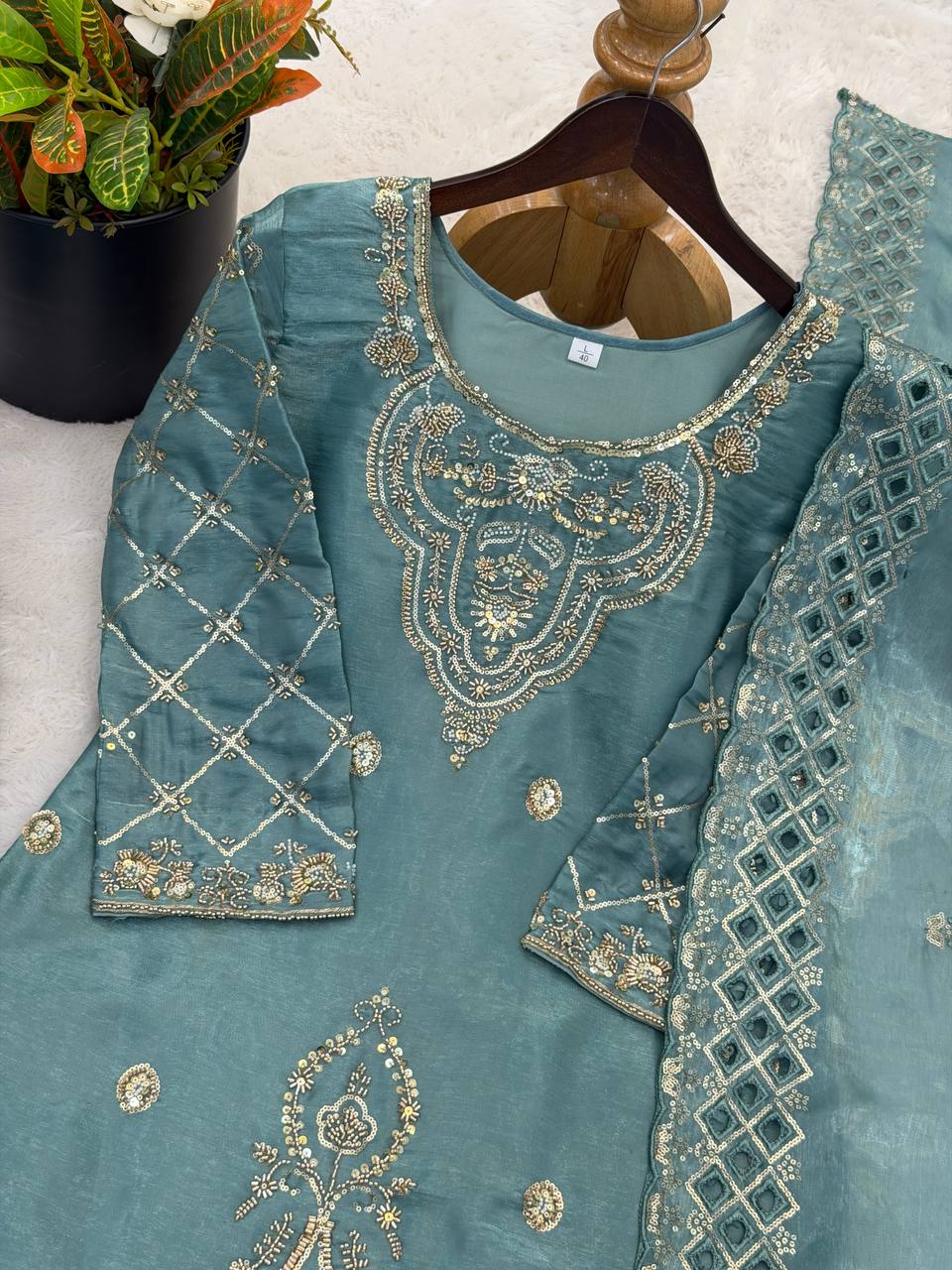 Premium Choo Silk Embroidered Palazzo Set with Cutwork Dupatta