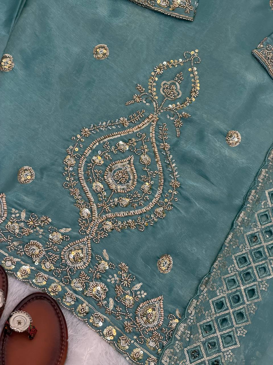 Premium Choo Silk Embroidered Palazzo Set with Cutwork Dupatta
