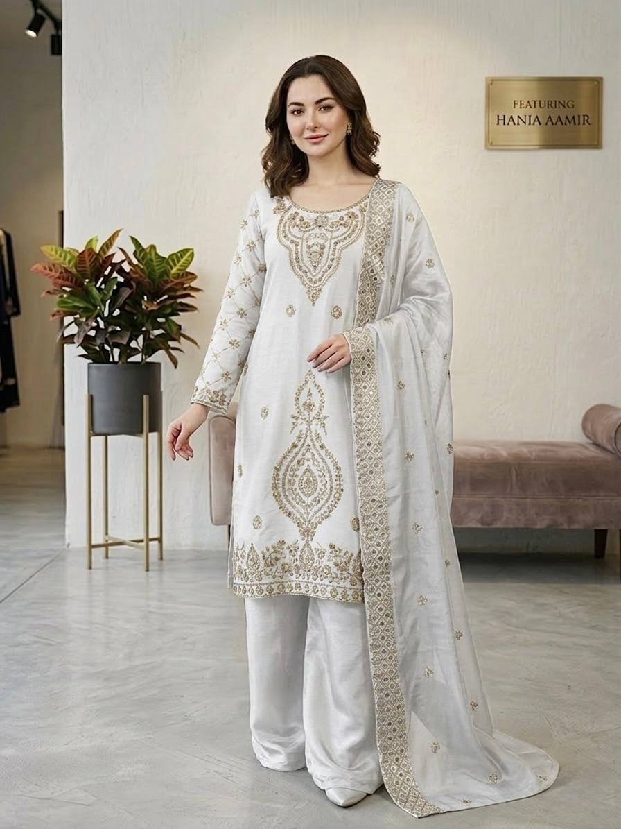Premium Choo Silk Embroidered Palazzo Set with Cutwork Dupatta
