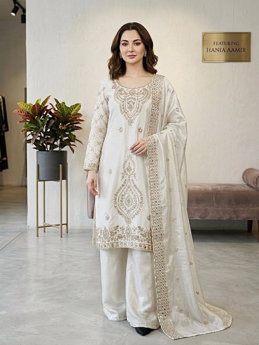 Premium Choo Silk Embroidered Palazzo Set with Cutwork Dupatta