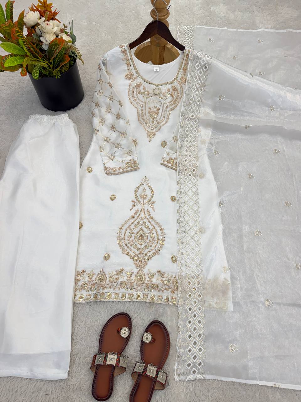 Premium Choo Silk Embroidered Palazzo Set with Cutwork Dupatta