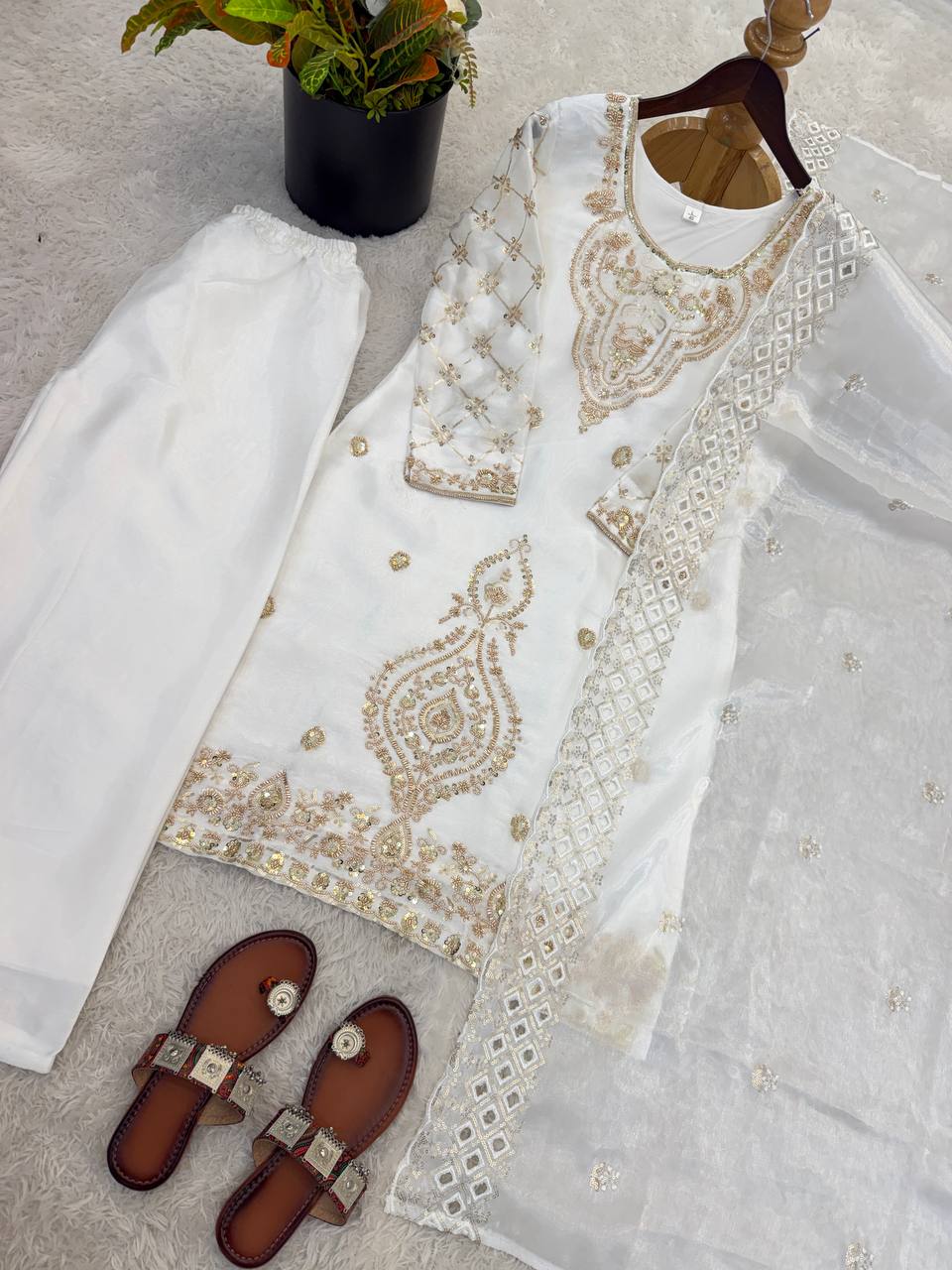 Premium Choo Silk Embroidered Palazzo Set with Cutwork Dupatta