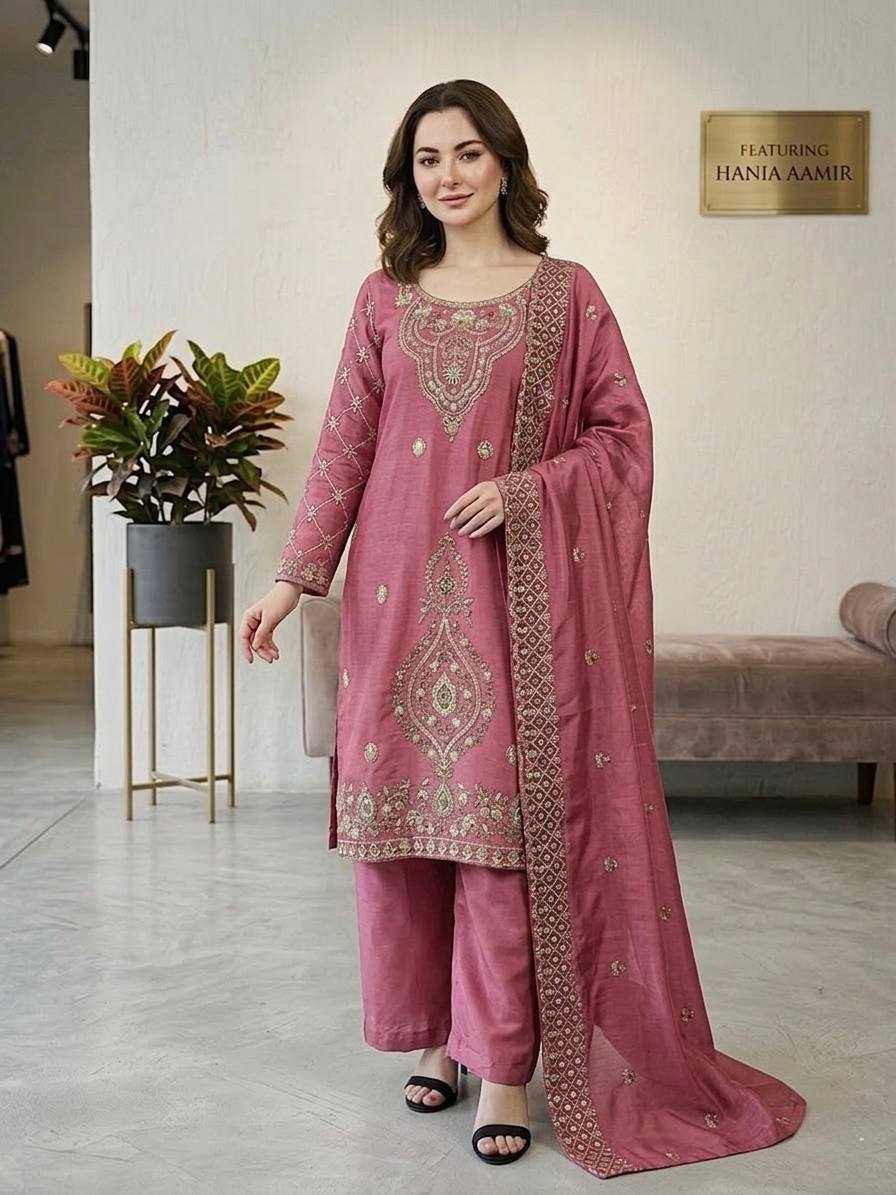 Premium Choo Silk Embroidered Palazzo Set with Cutwork Dupatta