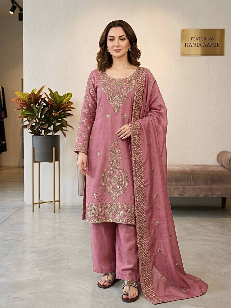 Premium Choo Silk Embroidered Palazzo Set with Cutwork Dupatta