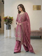 Premium Choo Silk Embroidered Palazzo Set with Cutwork Dupatta