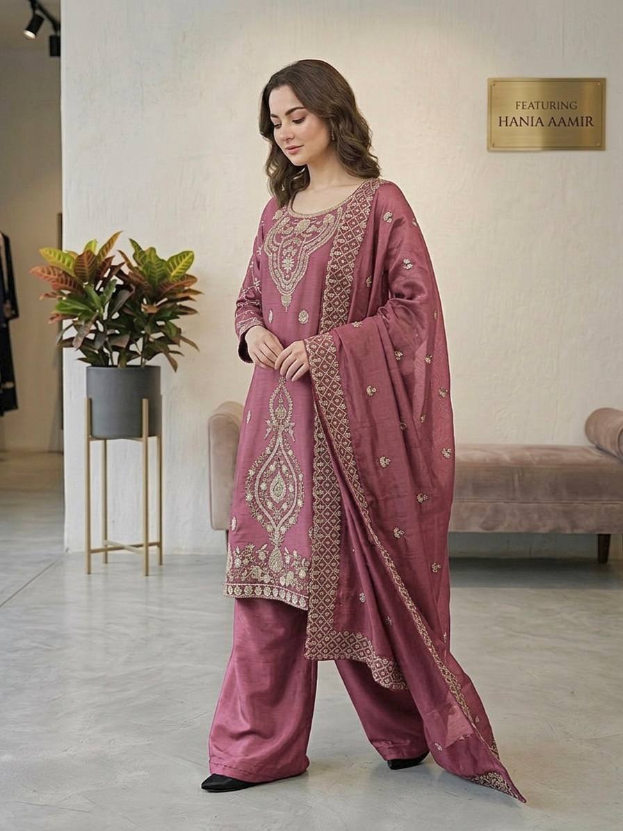 Premium Choo Silk Embroidered Palazzo Set with Cutwork Dupatta