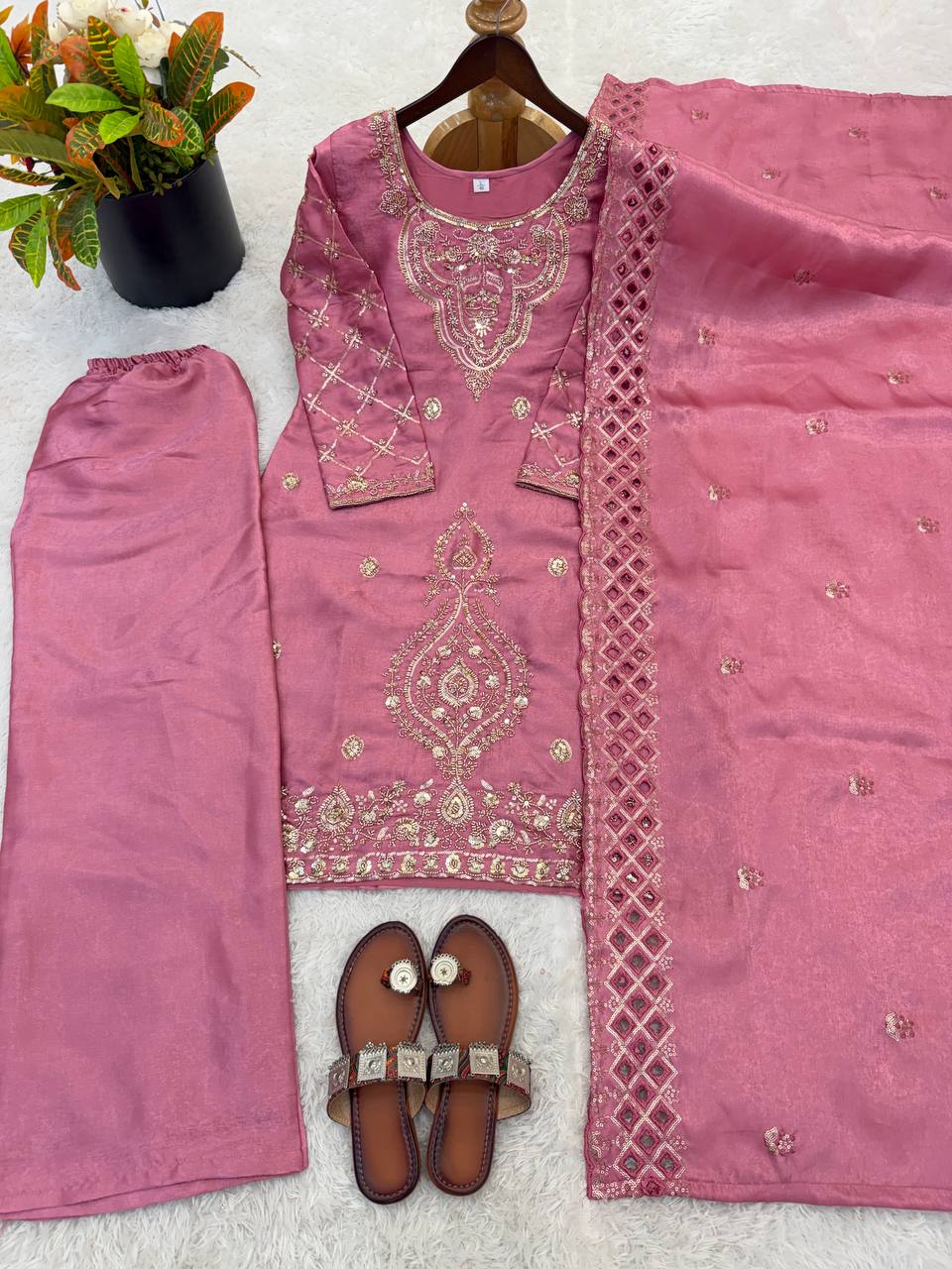 Premium Choo Silk Embroidered Palazzo Set with Cutwork Dupatta