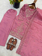 Premium Choo Silk Embroidered Palazzo Set with Cutwork Dupatta