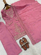 Premium Choo Silk Embroidered Palazzo Set with Cutwork Dupatta