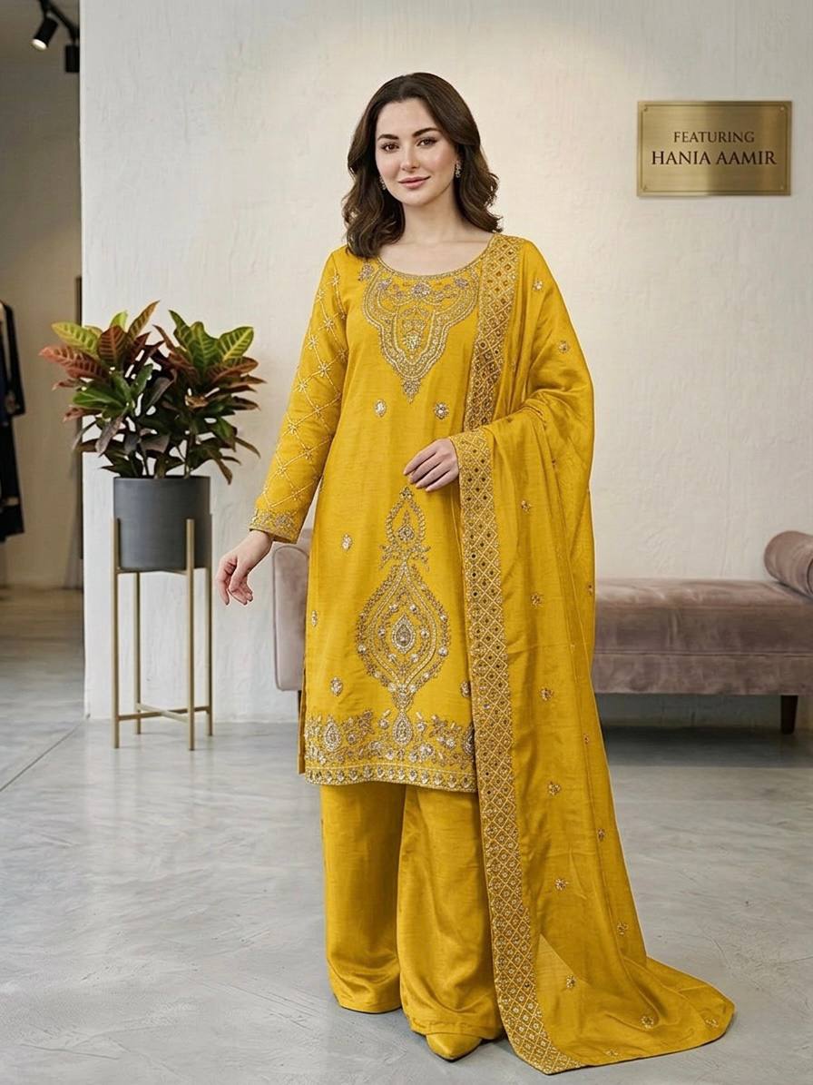 Premium Choo Silk Embroidered Palazzo Set with Cutwork Dupatta