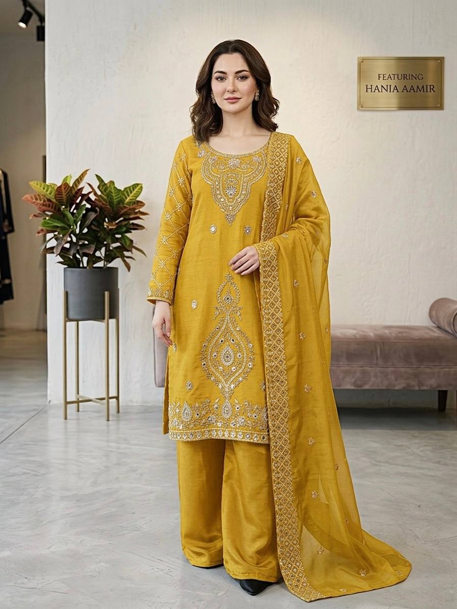 Premium Choo Silk Embroidered Palazzo Set with Cutwork Dupatta