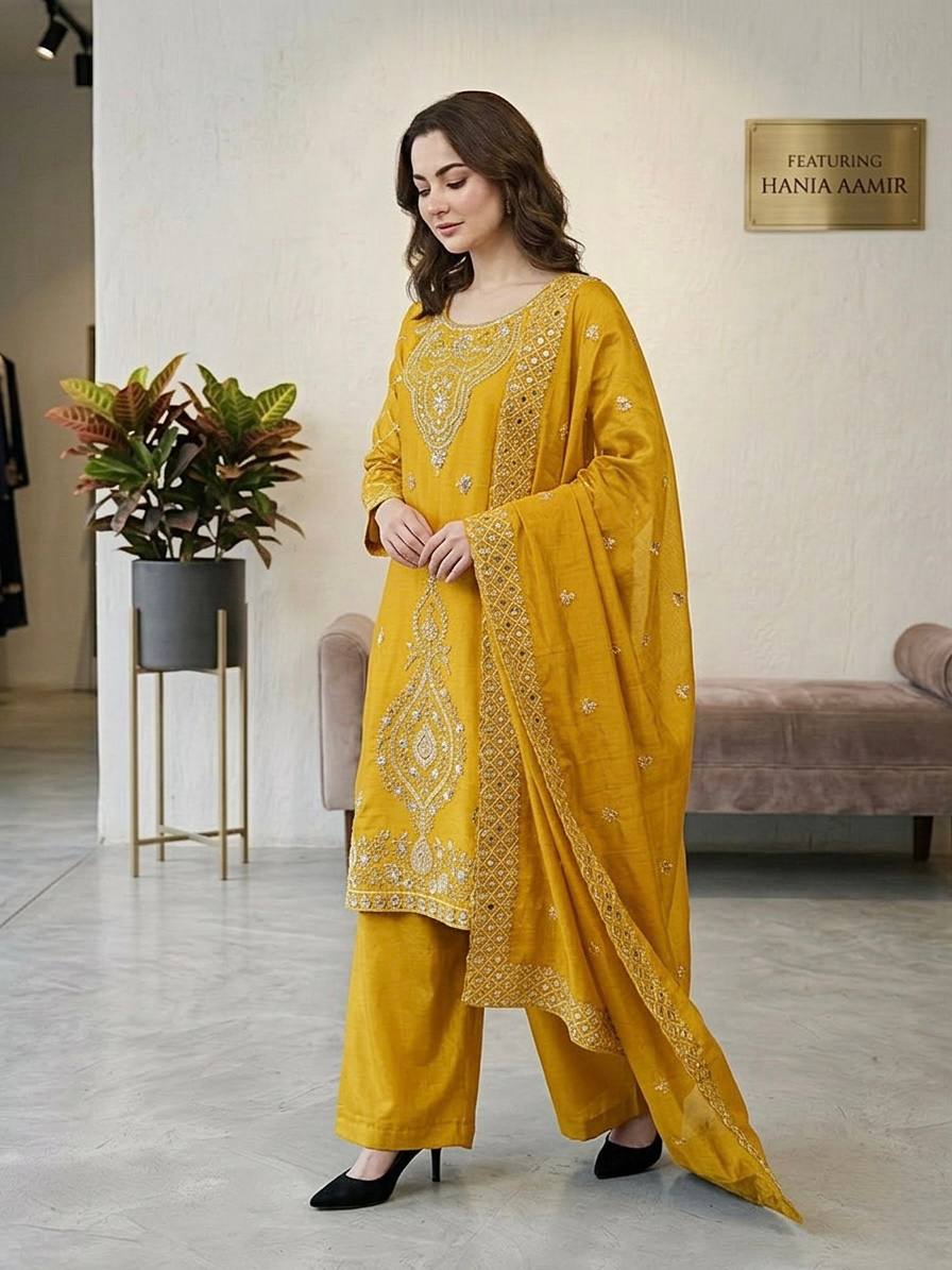 Premium Choo Silk Embroidered Palazzo Set with Cutwork Dupatta