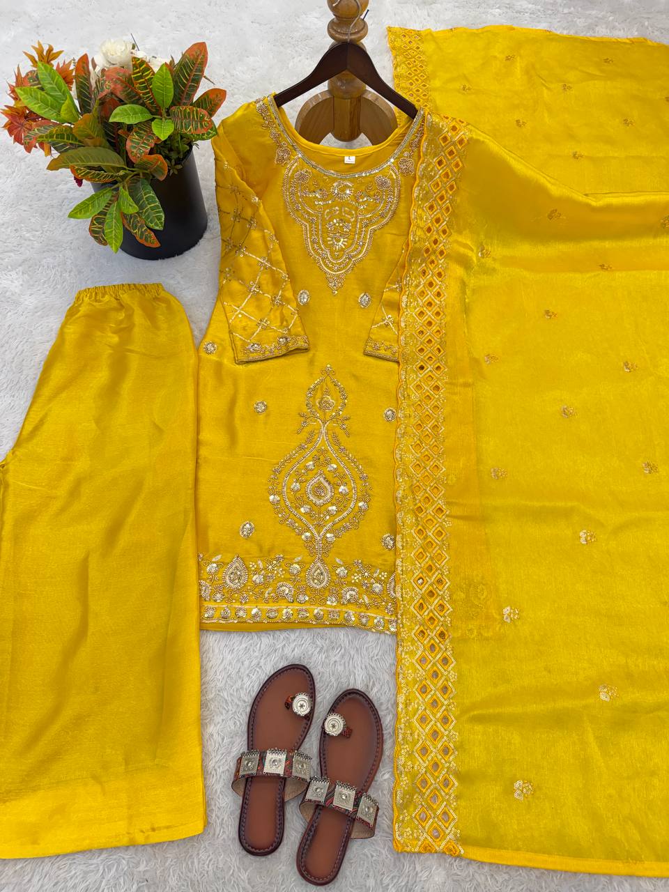 Premium Choo Silk Embroidered Palazzo Set with Cutwork Dupatta