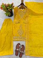 Premium Choo Silk Embroidered Palazzo Set with Cutwork Dupatta