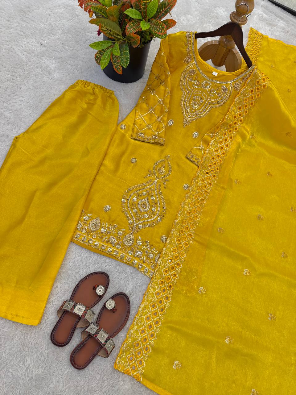 Premium Choo Silk Embroidered Palazzo Set with Cutwork Dupatta