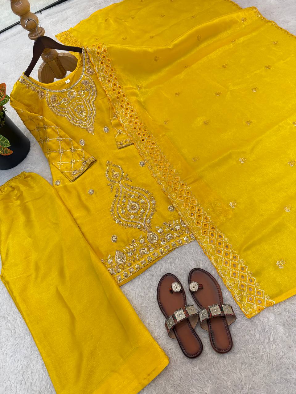 Premium Choo Silk Embroidered Palazzo Set with Cutwork Dupatta