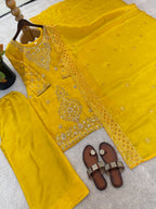 Premium Choo Silk Embroidered Palazzo Set with Cutwork Dupatta