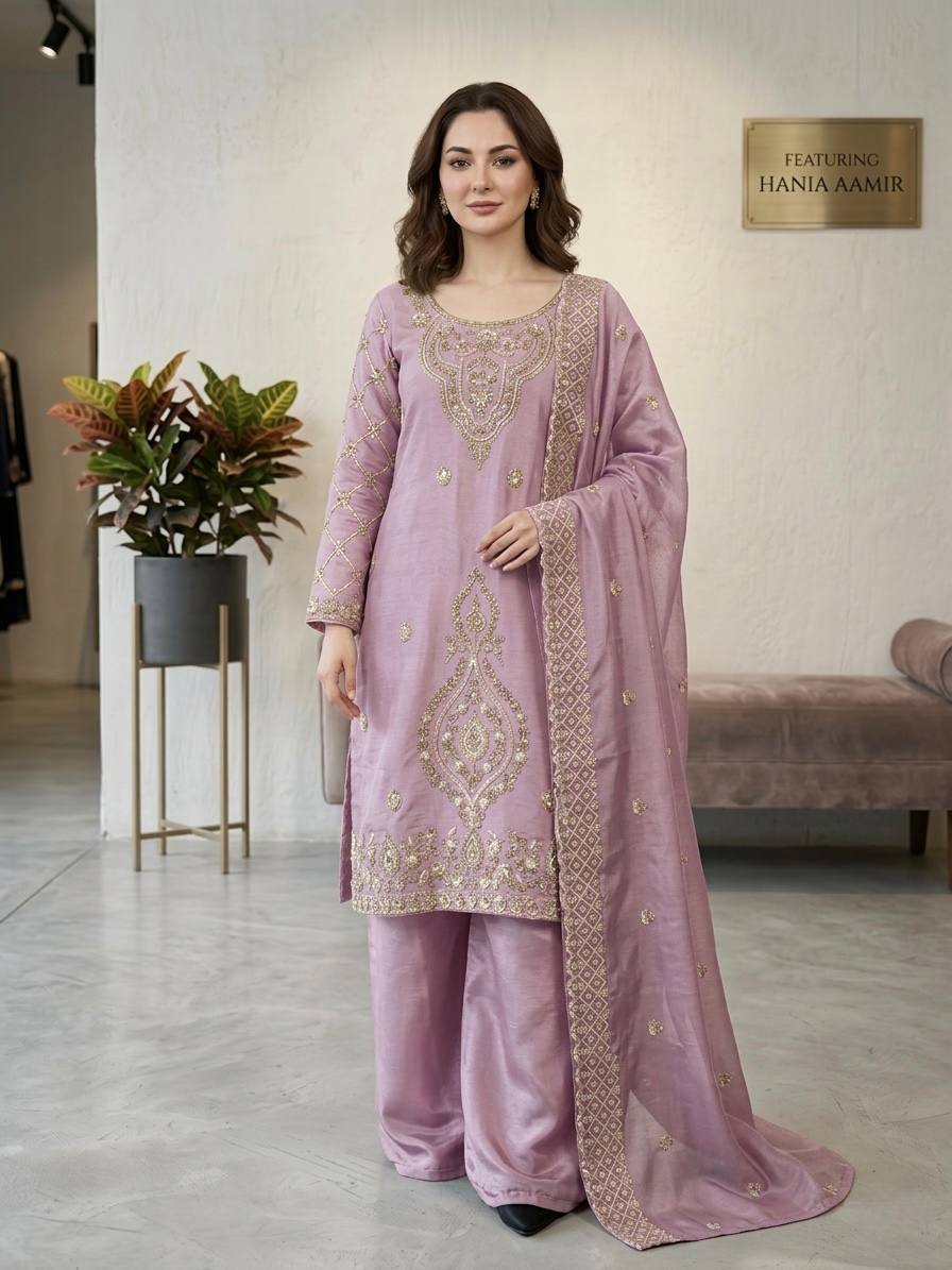 Premium Choo Silk Embroidered Palazzo Set with Cutwork Dupatta