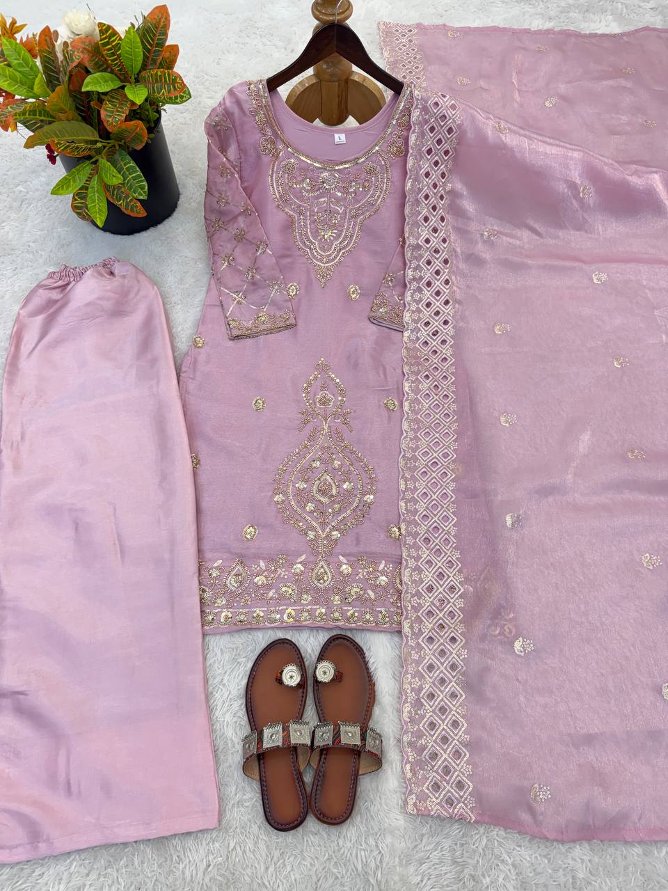 Premium Choo Silk Embroidered Palazzo Set with Cutwork Dupatta