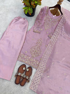Premium Choo Silk Embroidered Palazzo Set with Cutwork Dupatta