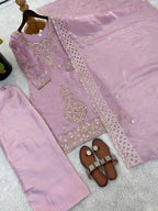 Premium Choo Silk Embroidered Palazzo Set with Cutwork Dupatta