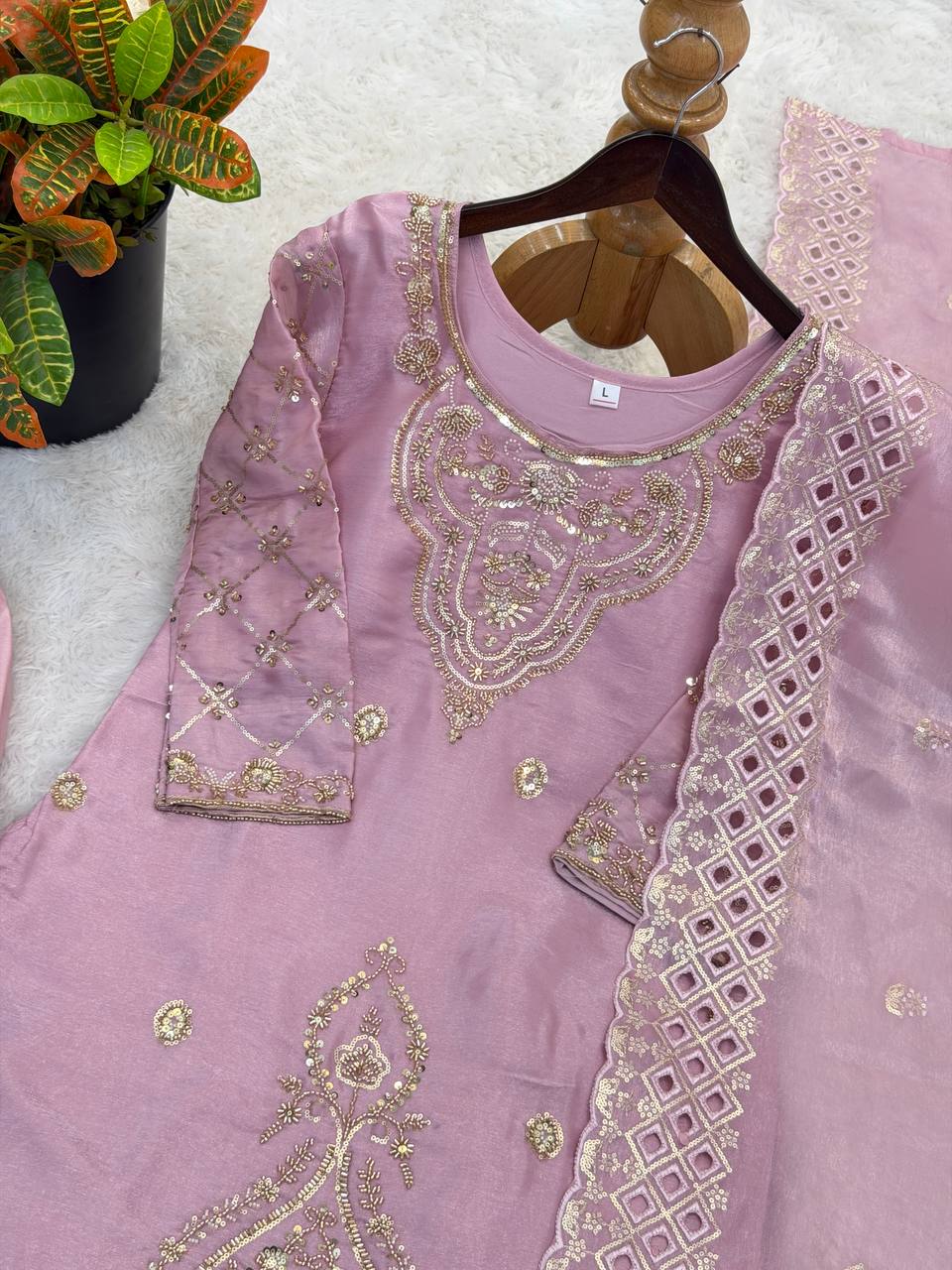 Premium Choo Silk Embroidered Palazzo Set with Cutwork Dupatta