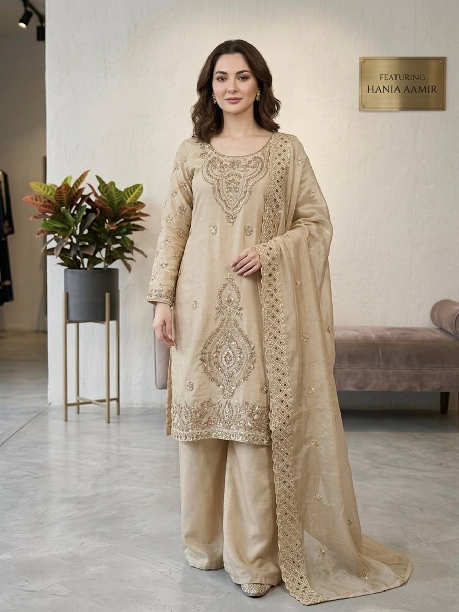 Premium Choo Silk Embroidered Palazzo Set with Cutwork Dupatta