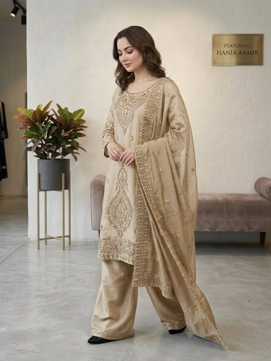 Premium Choo Silk Embroidered Palazzo Set with Cutwork Dupatta