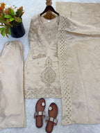 Premium Choo Silk Embroidered Palazzo Set with Cutwork Dupatta