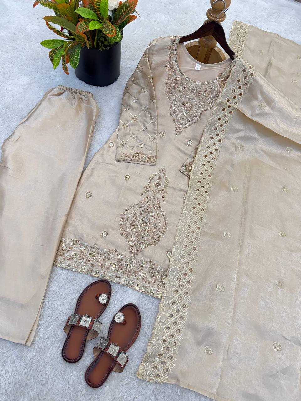 Premium Choo Silk Embroidered Palazzo Set with Cutwork Dupatta