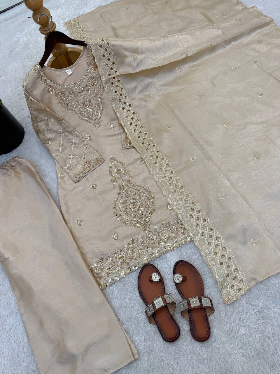 Premium Choo Silk Embroidered Palazzo Set with Cutwork Dupatta