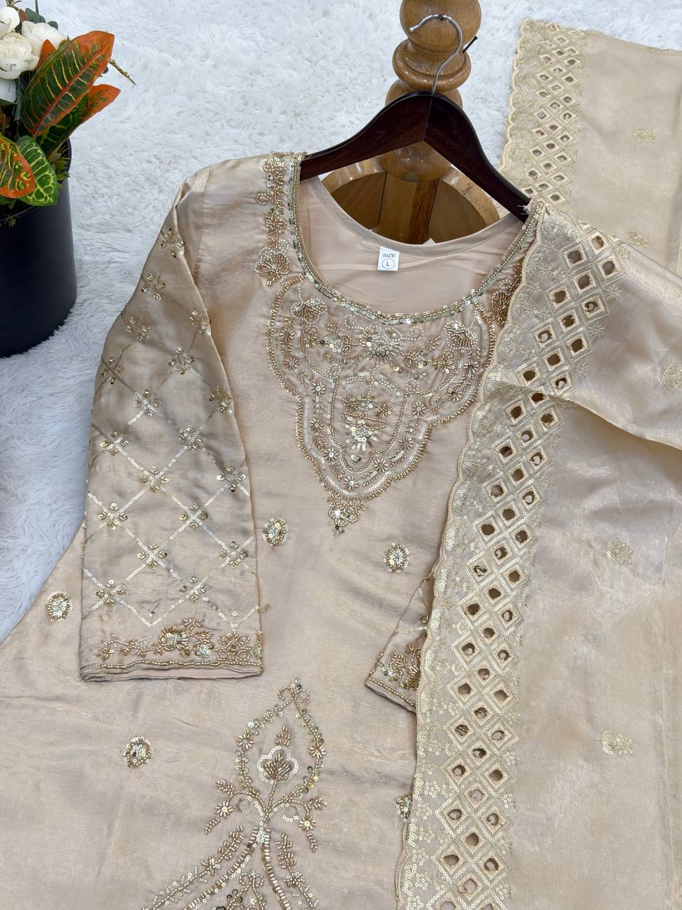 Premium Choo Silk Embroidered Palazzo Set with Cutwork Dupatta