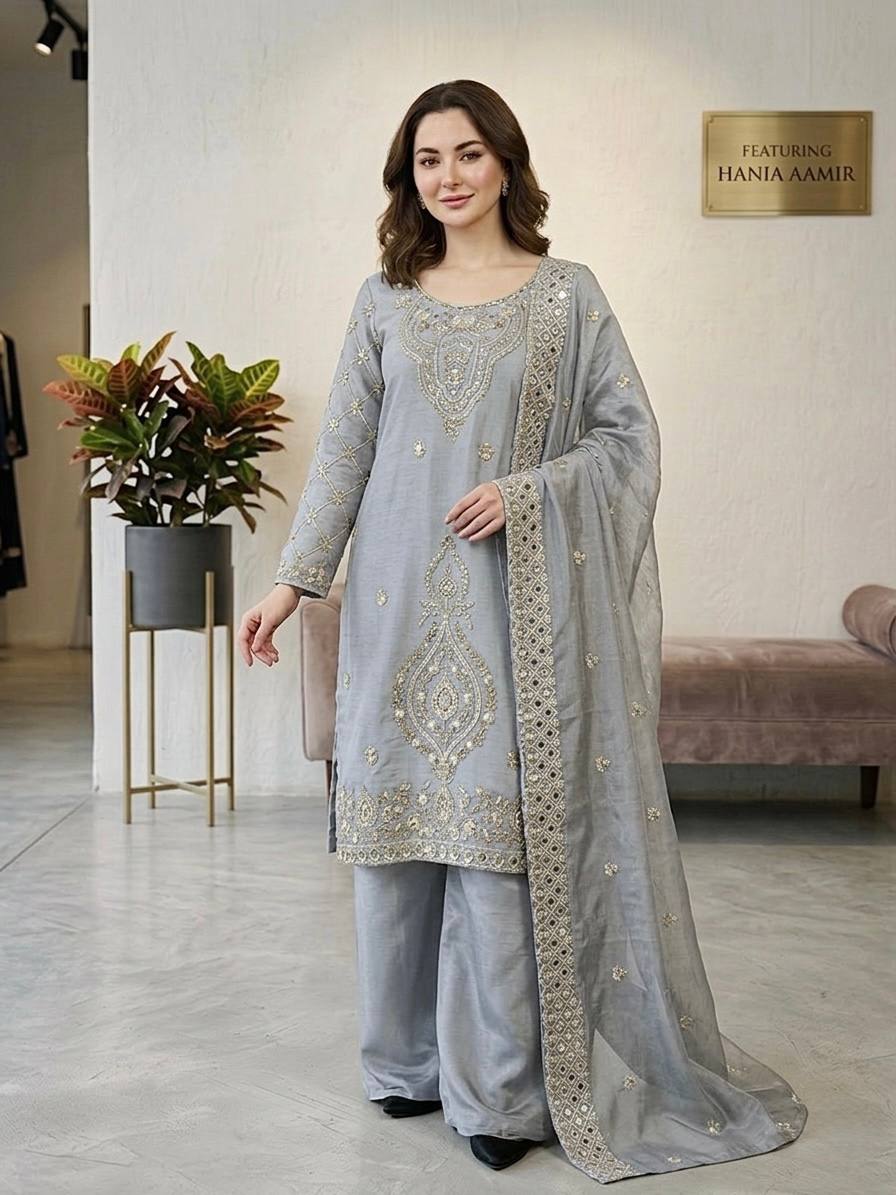 Premium Choo Silk Embroidered Palazzo Set with Cutwork Dupatta