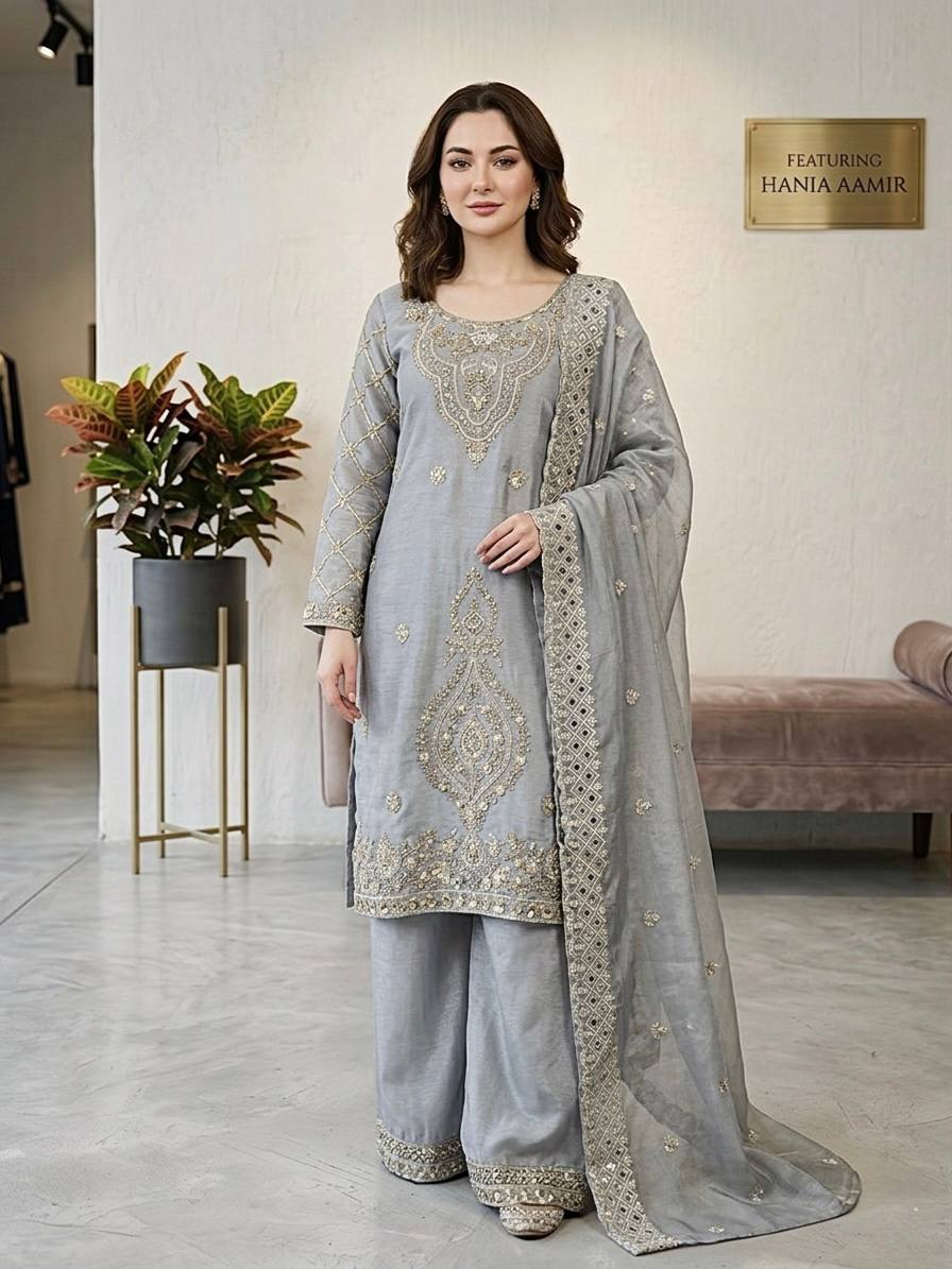 Premium Choo Silk Embroidered Palazzo Set with Cutwork Dupatta