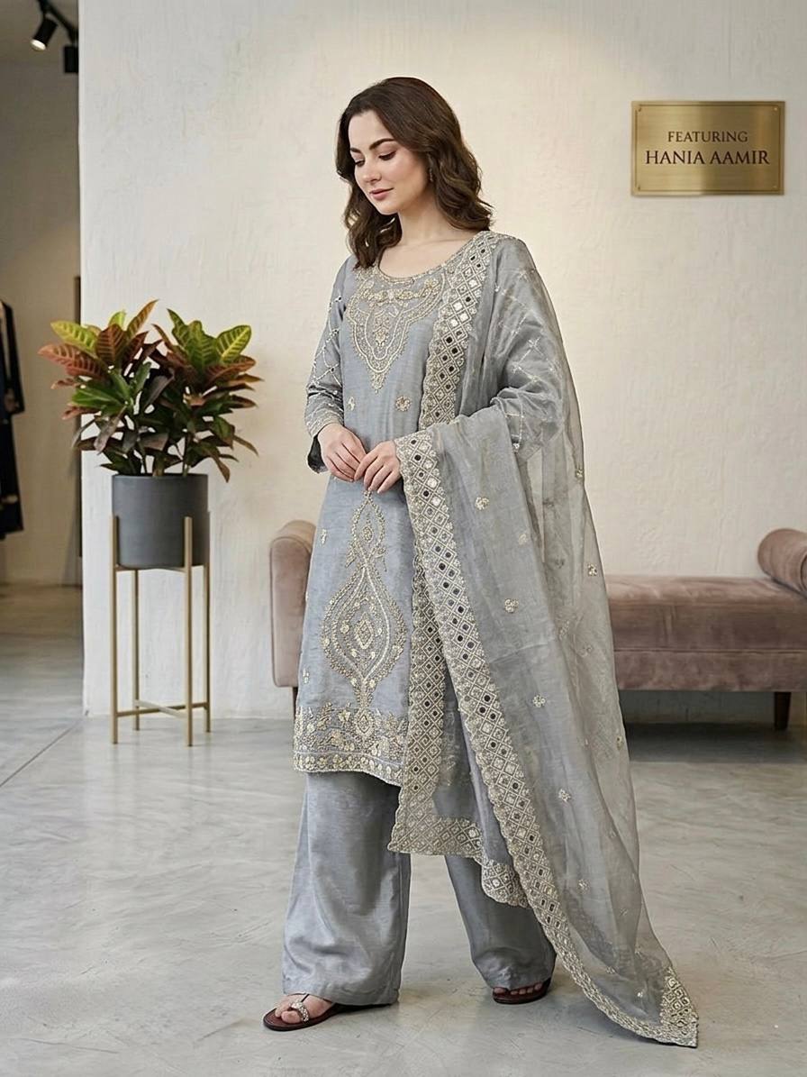 Premium Choo Silk Embroidered Palazzo Set with Cutwork Dupatta